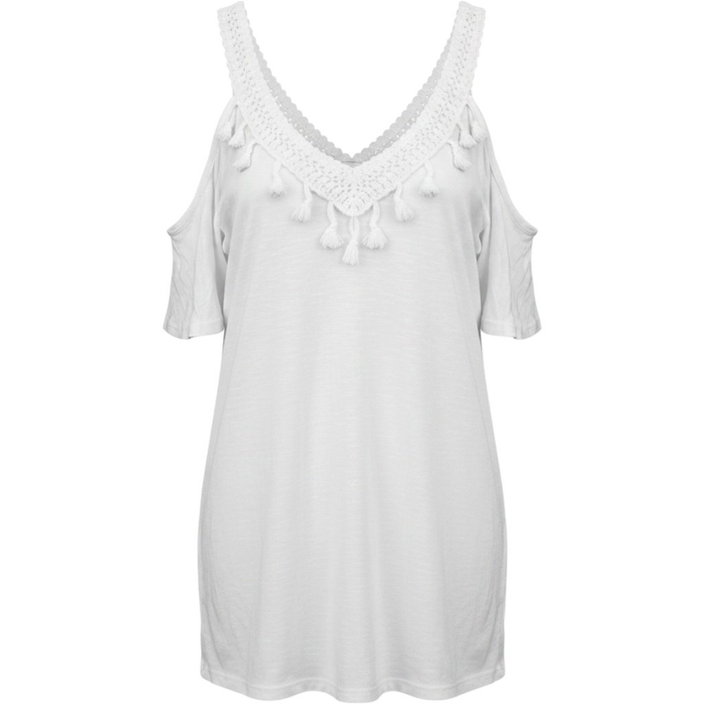 Rue21 Womens White Cold Shoulder Crochet Tassel Boho Blouse Top Small